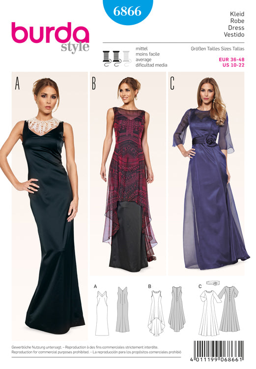 Evening Dresses Burda Sewing Pattern No. 6866. Size 10-22.  Sew Essential