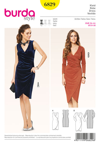 Wrap-Effect Jersey Dress with Gathered Side Burda Pattern No. 6829. Size  8-18