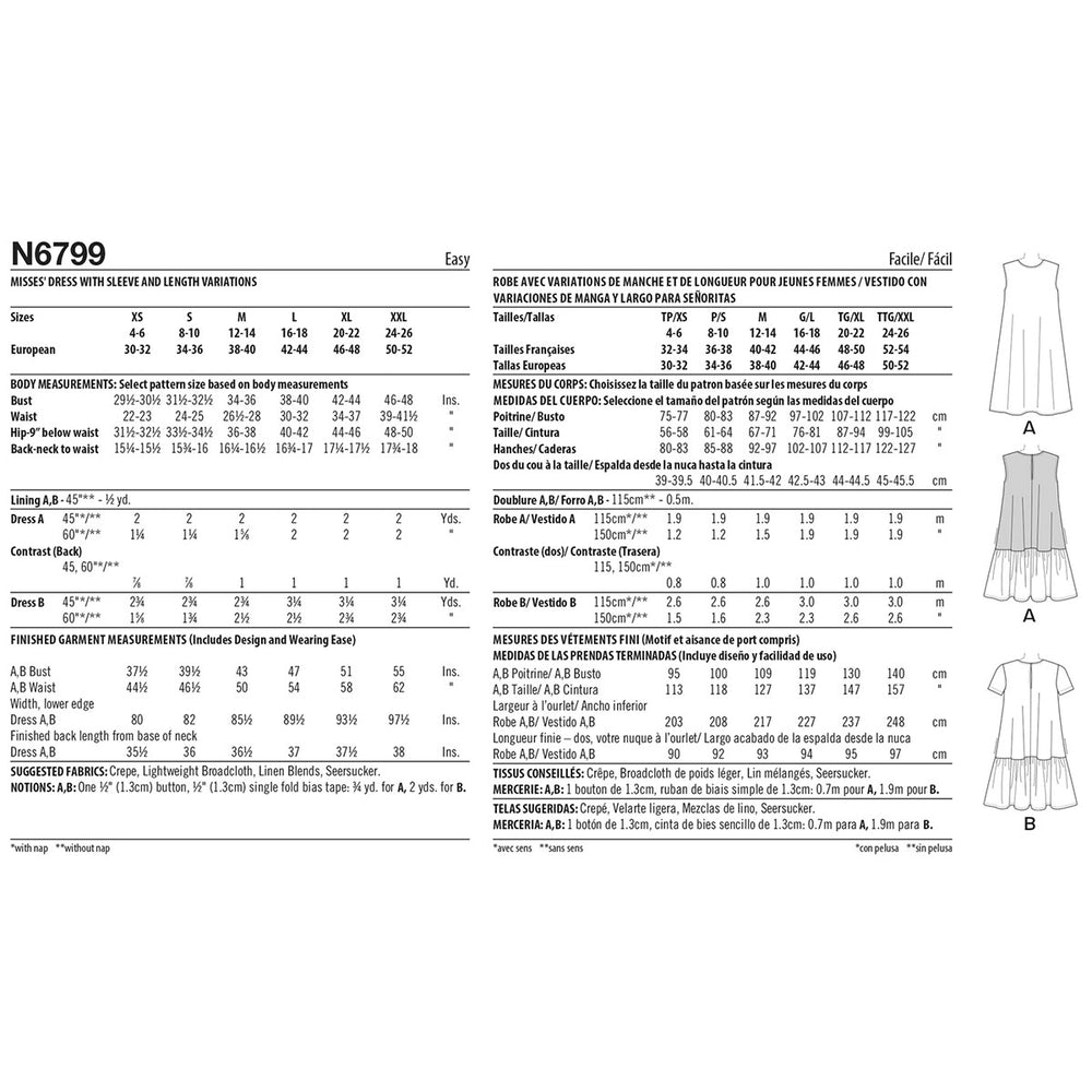 Pattern Sixe Misses Dress New Look Sewing Pattern 6799. Size XS-XXL. – Sew Essential