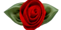Large Ribbon Rose With Green Leaves. 28mm Qty 100. Red.