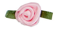 Small Ribbon Rose With Green Leaves. 23mm Qty 100. Rose Pink.