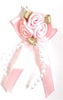 3 Roses on a Bow with Beads and Green Leaves. 4cm x 6cm Qty 20. Pale Pink.