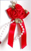 3 Roses on a Bow with Beads and Green Leaves. 4cm x 6cm Qty 20. Red.