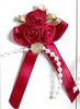3 Roses on a Bow with Beads and Green Leaves. 4cm x 6cm Qty 20. Wine.