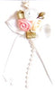 Roses on a Bow with Beads and Green Leaves. 4cm x 6cm Qty 20. White.