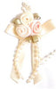 3 Roses on a Bow with Beads and Green Leaves. 4cm x 6cm Qty 20. Cream Assorted.