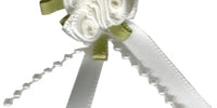3 Roses on a Bow with Beads and Leaves. 4cm x 6cm Qty 20. Antique White.