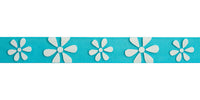 Celebrate Daisy Ribbon. 15mm x 3.5m. White on Blue.