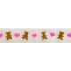 Celebrate Teddy Bear Ribbon. 15mm x 3.5m. Brown and Pink on White.
