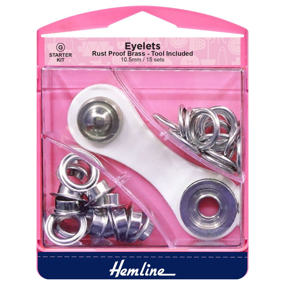 Hemline Eyelet Starter Kit. 10.5mm. Silver. Qty 15 sets Sew Essential