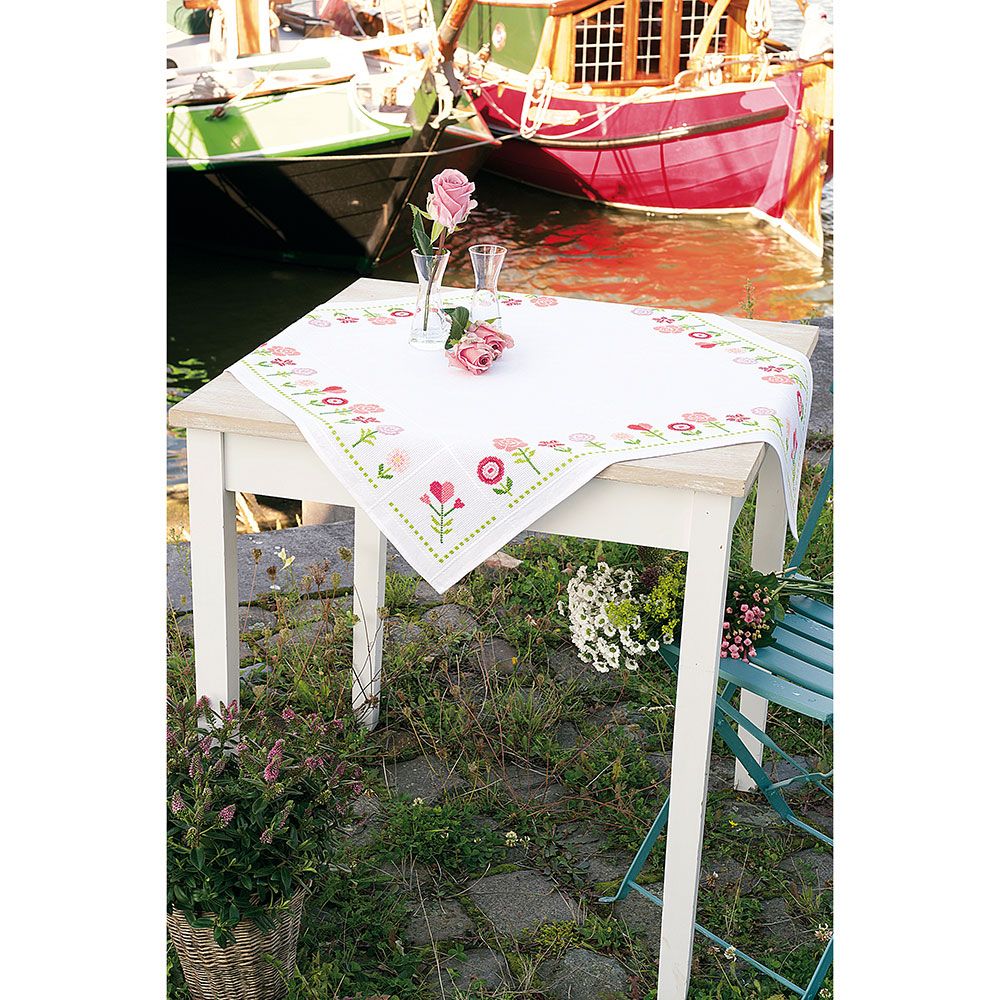 Vervaco Pink Flowers Counted Cross Stitch Tablecloth Kit Sew Essential