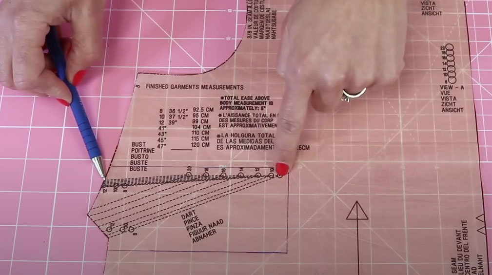 Sewing pattern piece with box drawn around dart